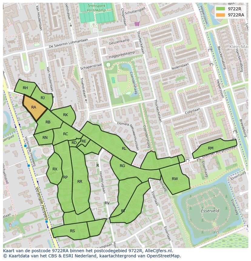 Afbeelding van het postcodegebied 9722 RA op de kaart.