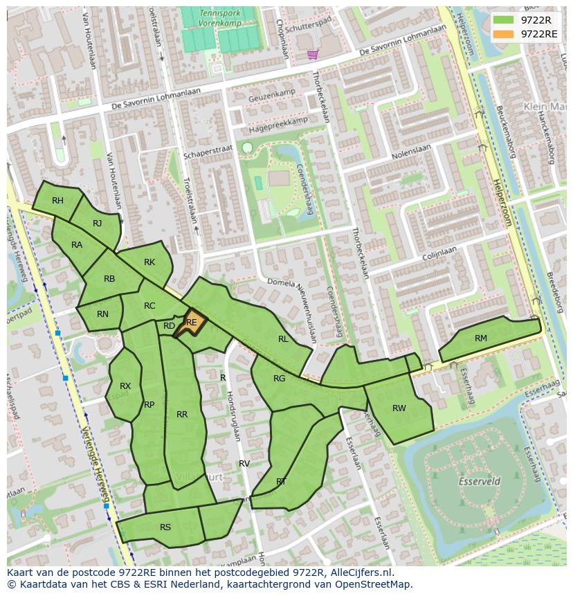 Afbeelding van het postcodegebied 9722 RE op de kaart.