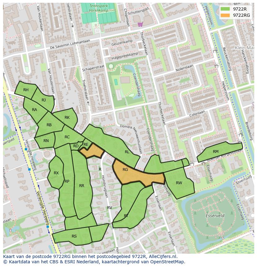 Afbeelding van het postcodegebied 9722 RG op de kaart.