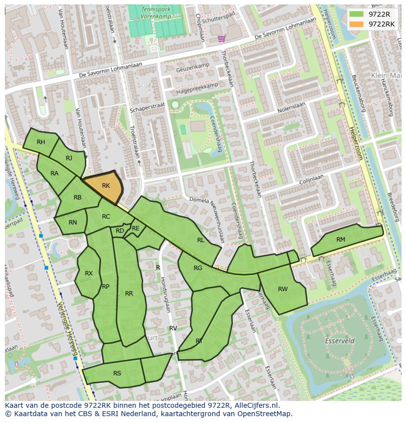 Afbeelding van het postcodegebied 9722 RK op de kaart.