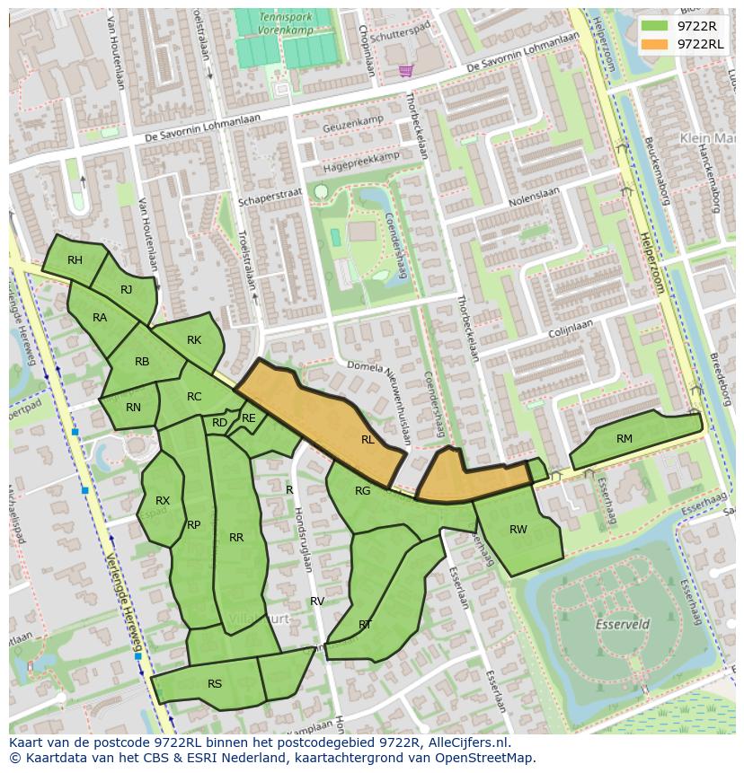 Afbeelding van het postcodegebied 9722 RL op de kaart.