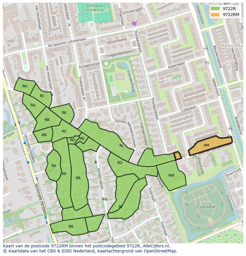 Afbeelding van het postcodegebied 9722 RM op de kaart.