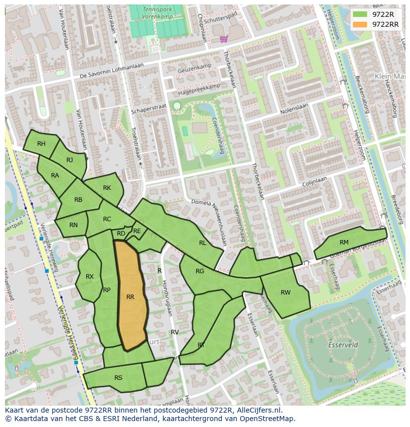 Afbeelding van het postcodegebied 9722 RR op de kaart.