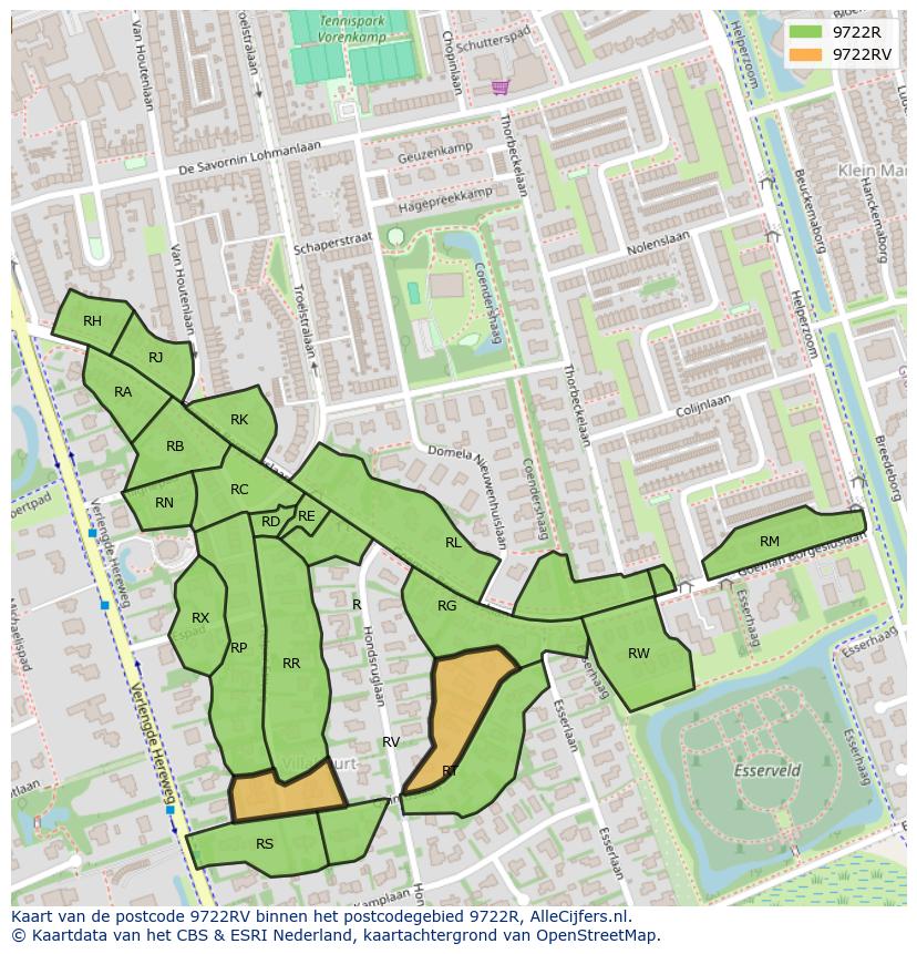 Afbeelding van het postcodegebied 9722 RV op de kaart.