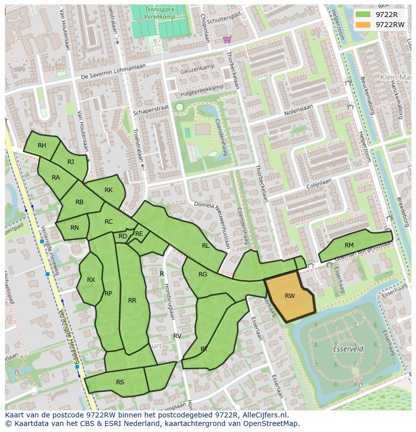 Afbeelding van het postcodegebied 9722 RW op de kaart.