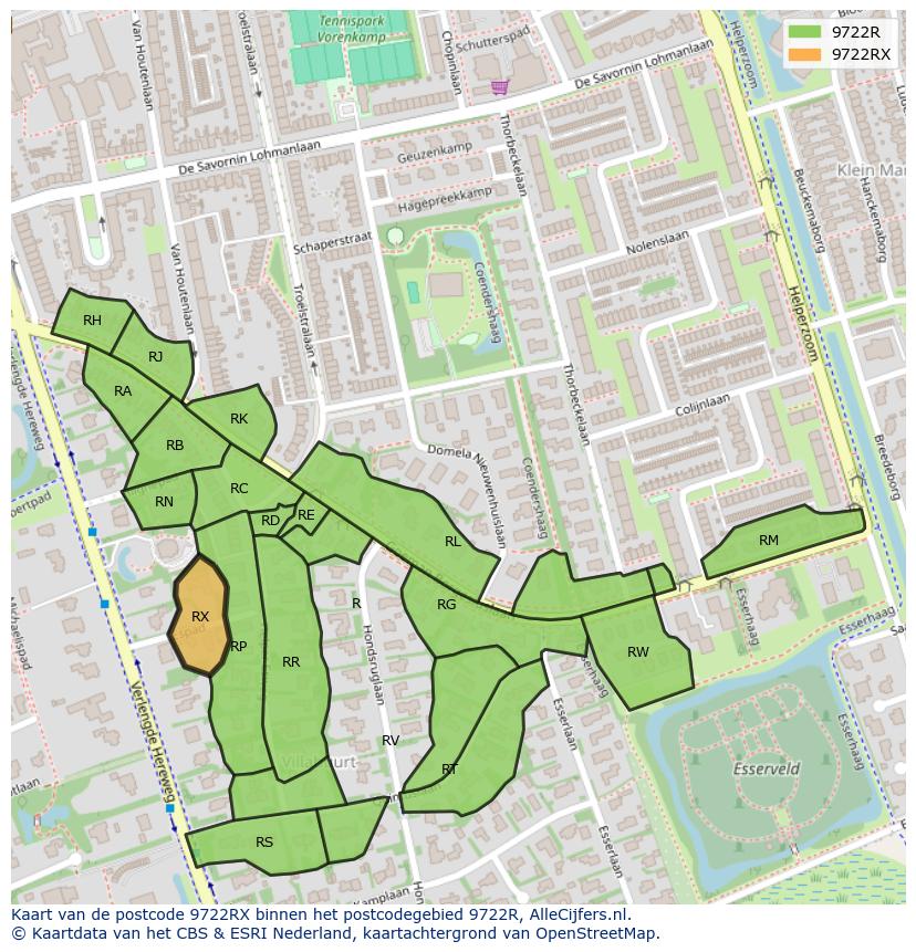 Afbeelding van het postcodegebied 9722 RX op de kaart.