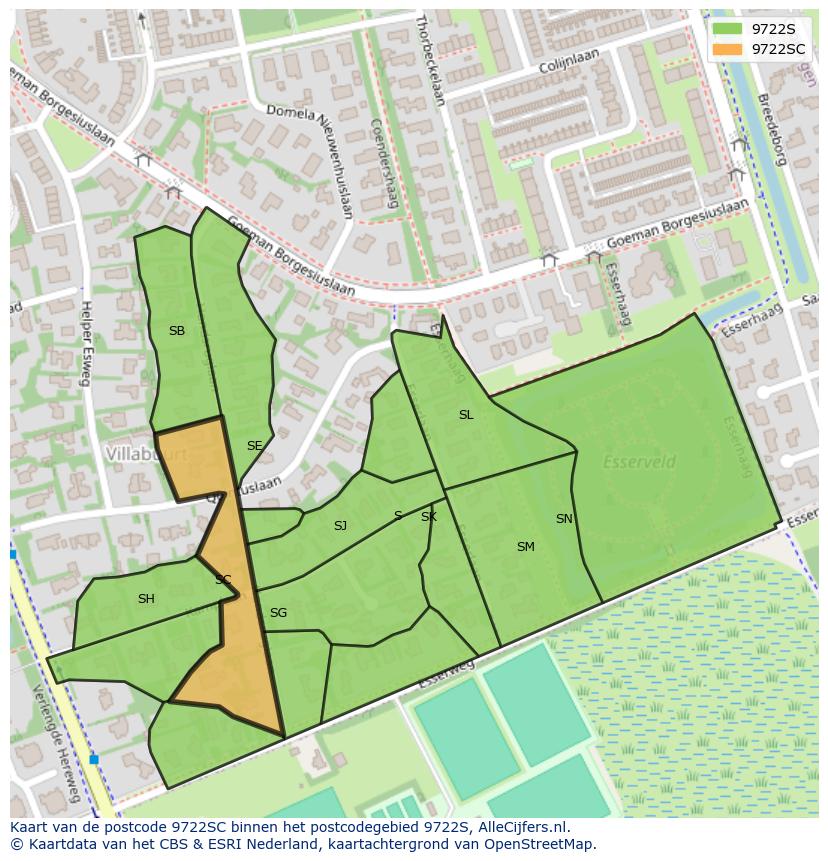 Afbeelding van het postcodegebied 9722 SC op de kaart.