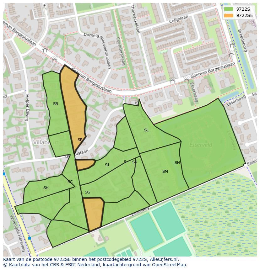 Afbeelding van het postcodegebied 9722 SE op de kaart.