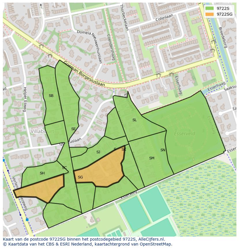 Afbeelding van het postcodegebied 9722 SG op de kaart.