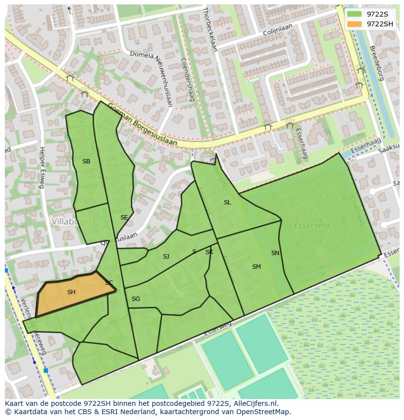 Afbeelding van het postcodegebied 9722 SH op de kaart.