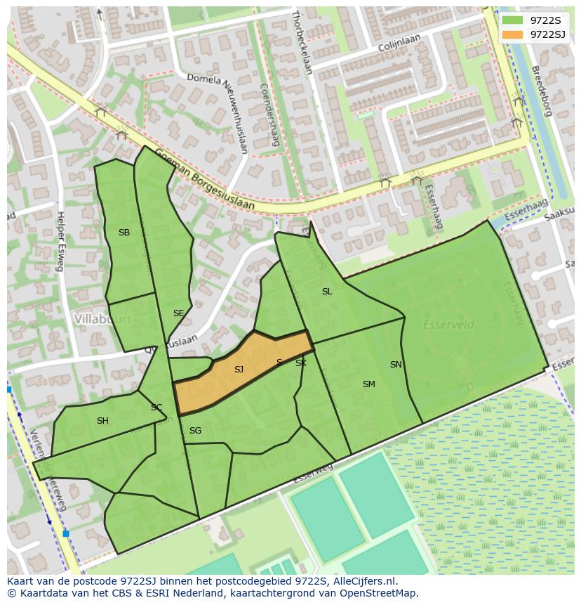 Afbeelding van het postcodegebied 9722 SJ op de kaart.