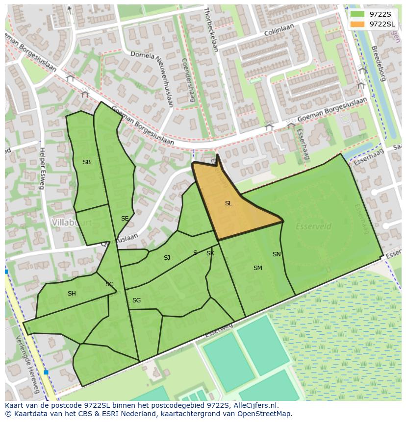 Afbeelding van het postcodegebied 9722 SL op de kaart.