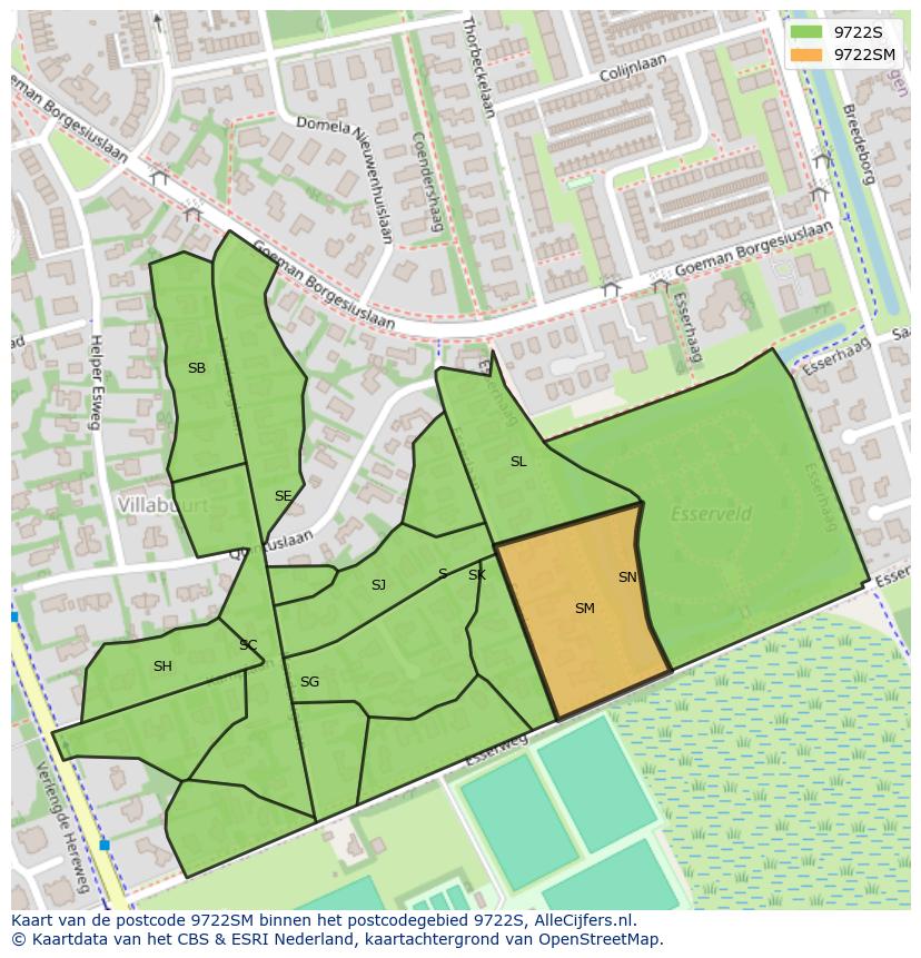 Afbeelding van het postcodegebied 9722 SM op de kaart.