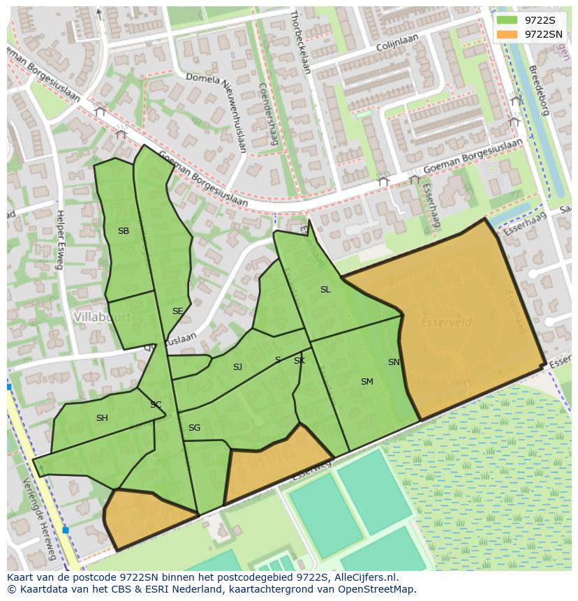 Afbeelding van het postcodegebied 9722 SN op de kaart.