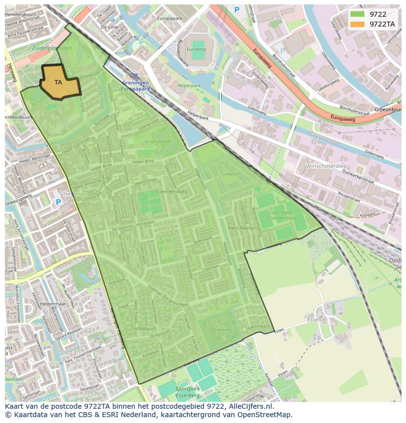 Afbeelding van het postcodegebied 9722 TA op de kaart.