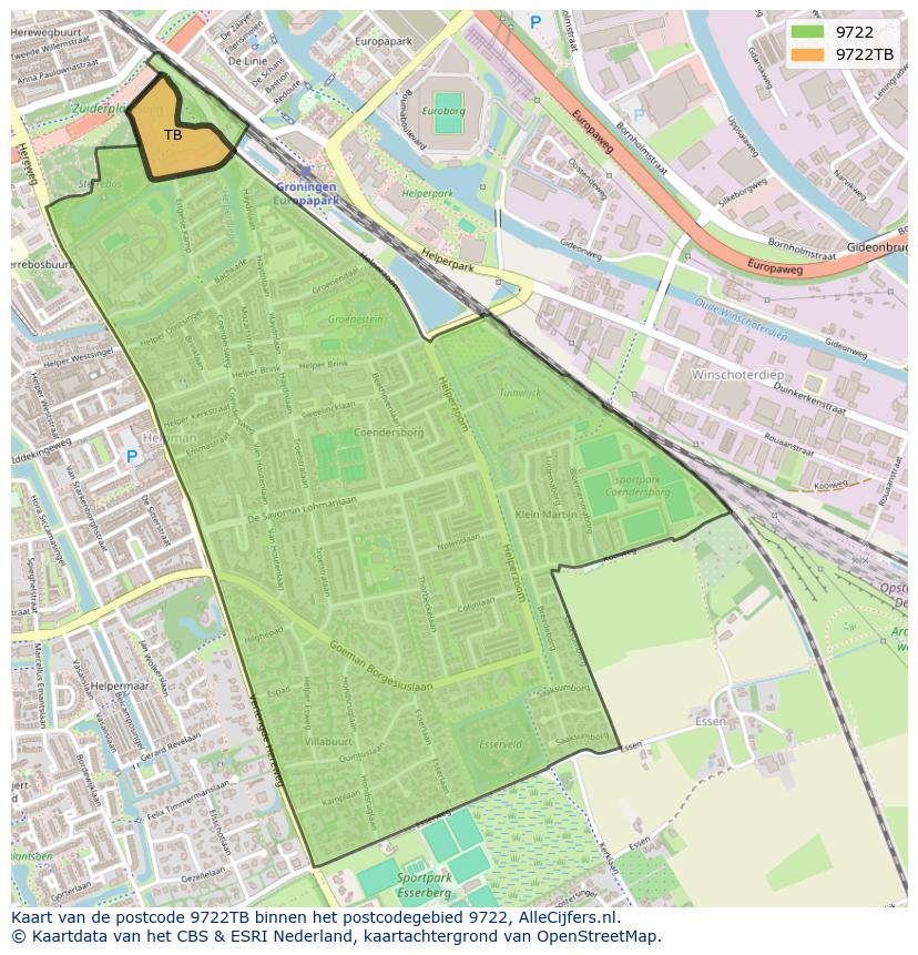 Afbeelding van het postcodegebied 9722 TB op de kaart.