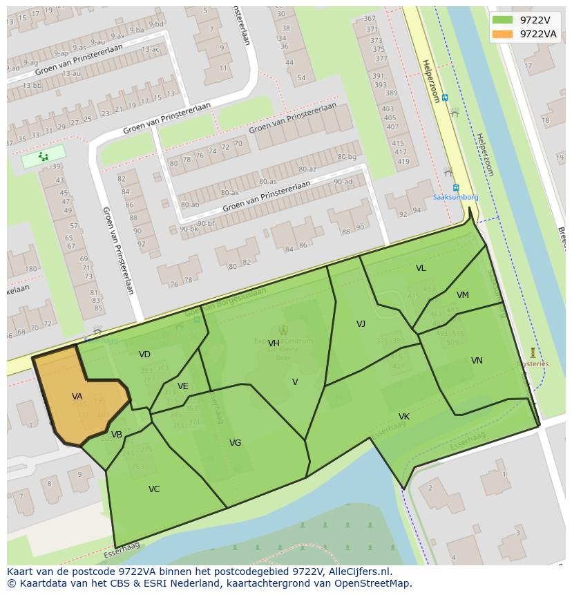 Afbeelding van het postcodegebied 9722 VA op de kaart.