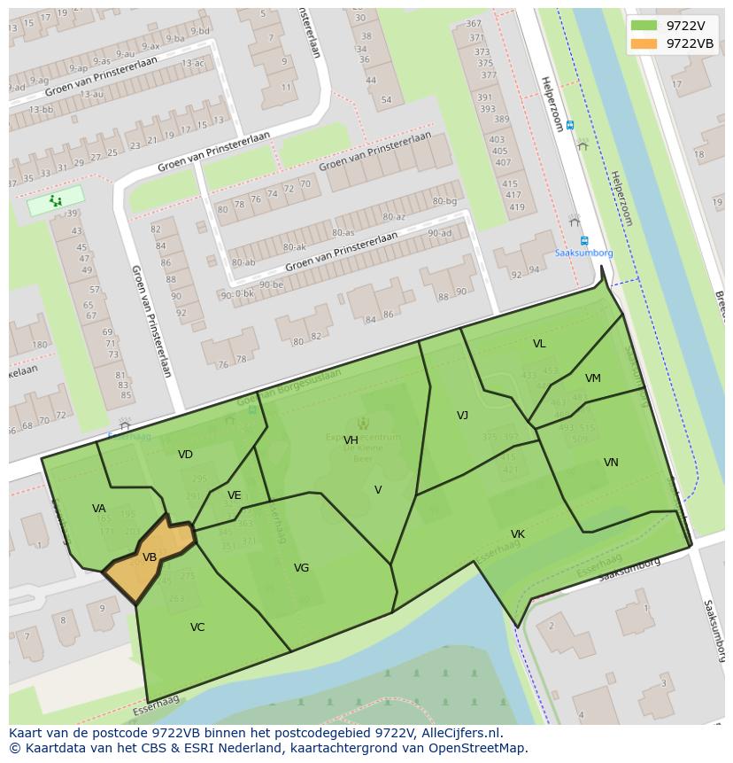 Afbeelding van het postcodegebied 9722 VB op de kaart.