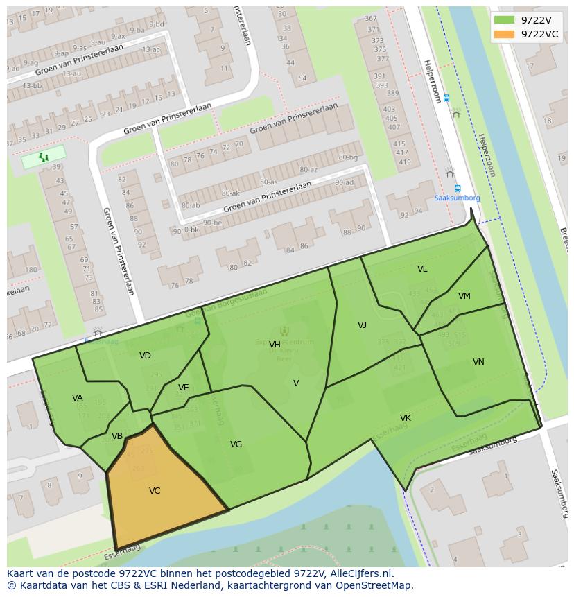 Afbeelding van het postcodegebied 9722 VC op de kaart.