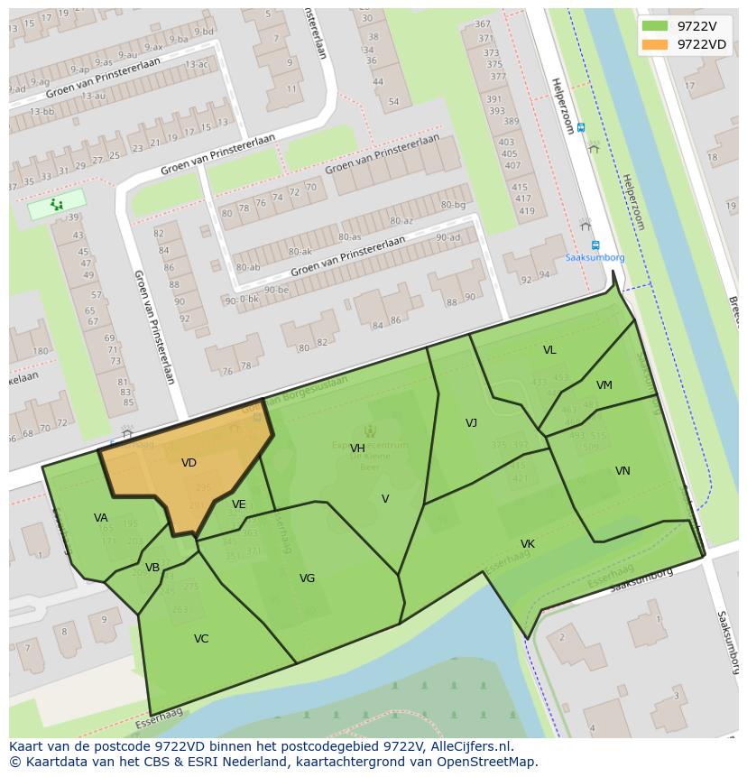 Afbeelding van het postcodegebied 9722 VD op de kaart.