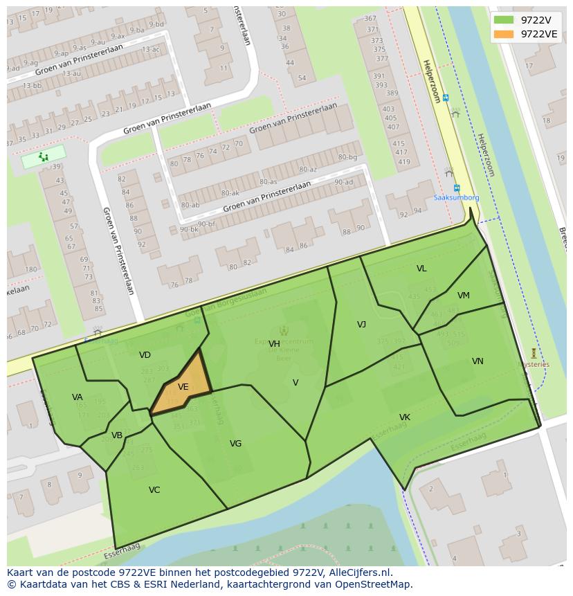 Afbeelding van het postcodegebied 9722 VE op de kaart.
