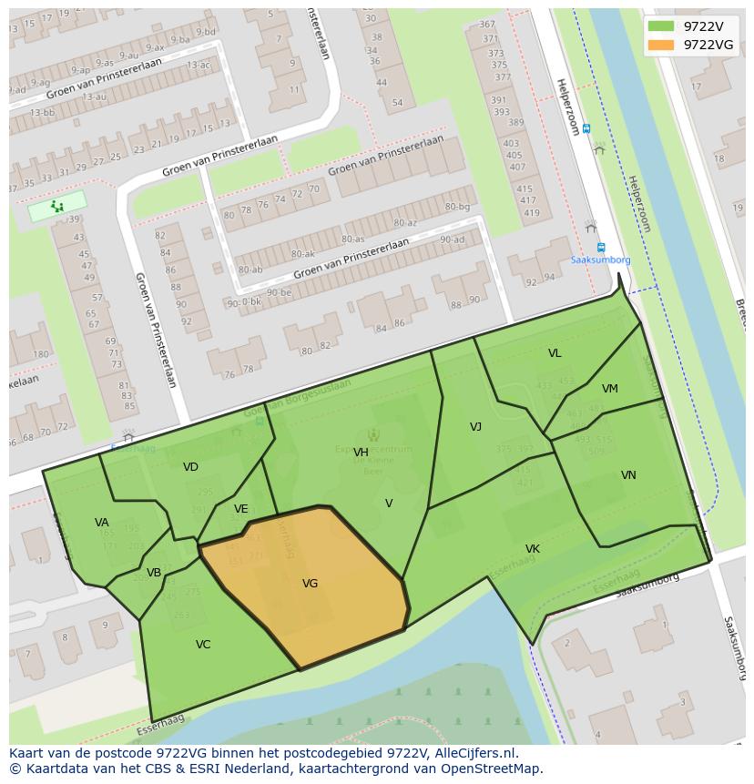 Afbeelding van het postcodegebied 9722 VG op de kaart.