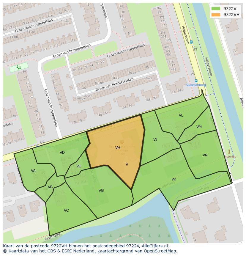Afbeelding van het postcodegebied 9722 VH op de kaart.