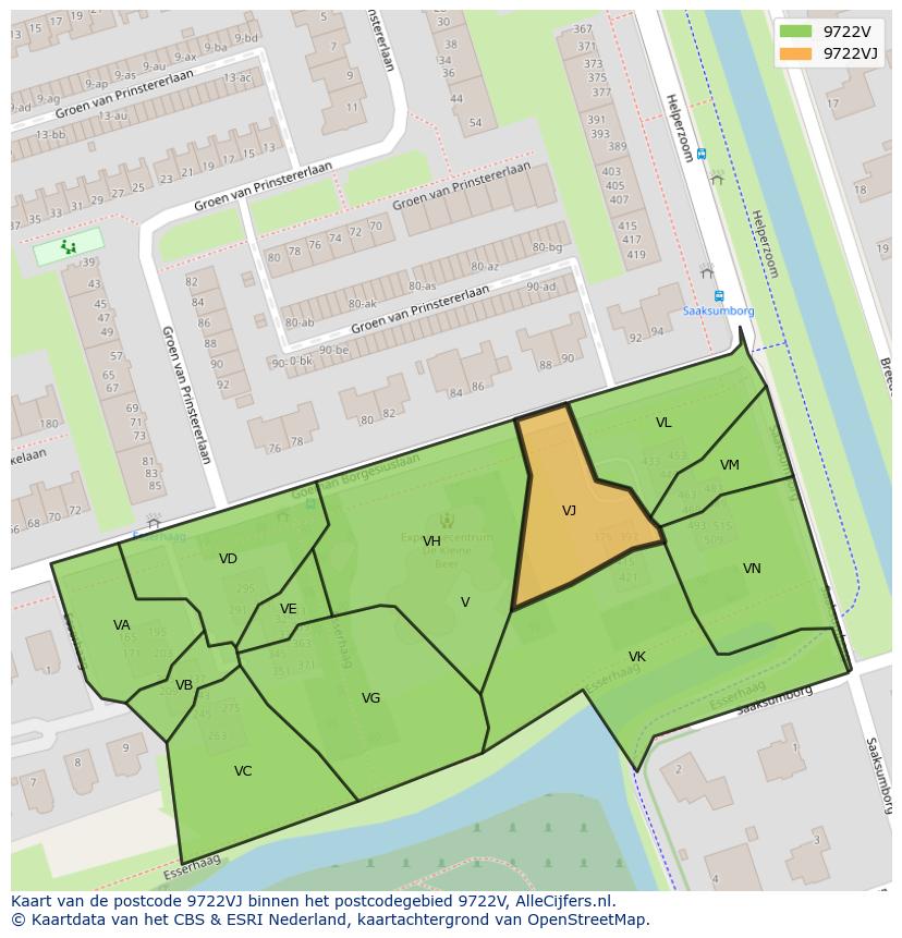Afbeelding van het postcodegebied 9722 VJ op de kaart.