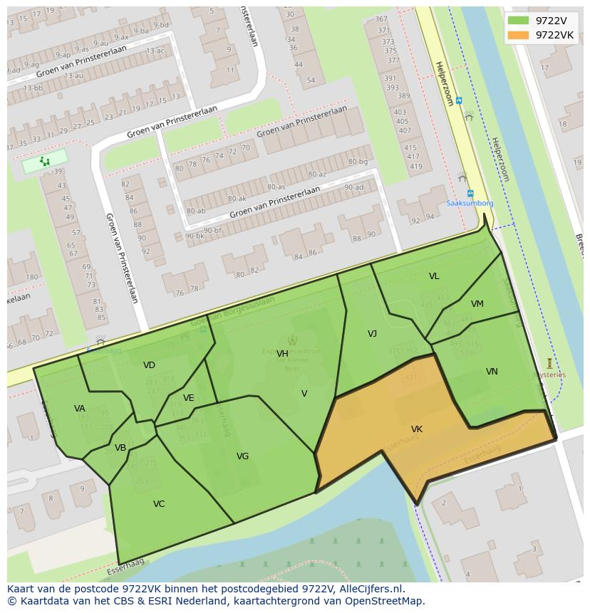 Afbeelding van het postcodegebied 9722 VK op de kaart.