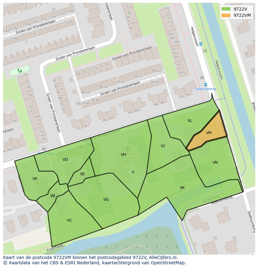 Afbeelding van het postcodegebied 9722 VM op de kaart.