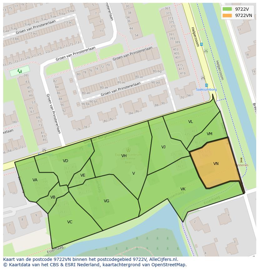 Afbeelding van het postcodegebied 9722 VN op de kaart.