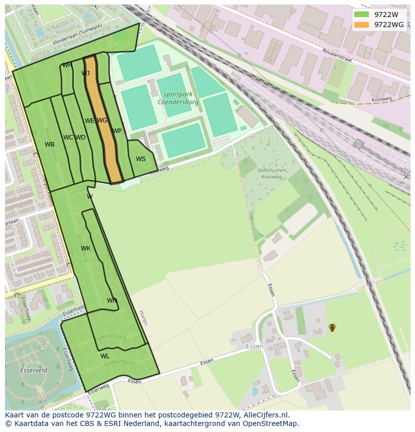 Afbeelding van het postcodegebied 9722 WG op de kaart.