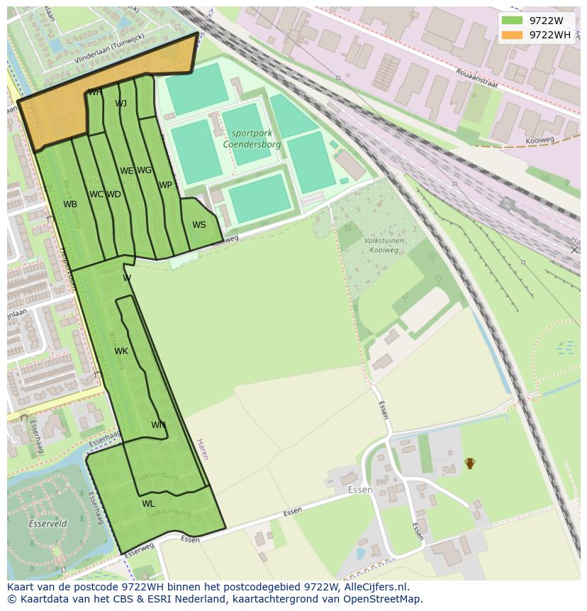 Afbeelding van het postcodegebied 9722 WH op de kaart.