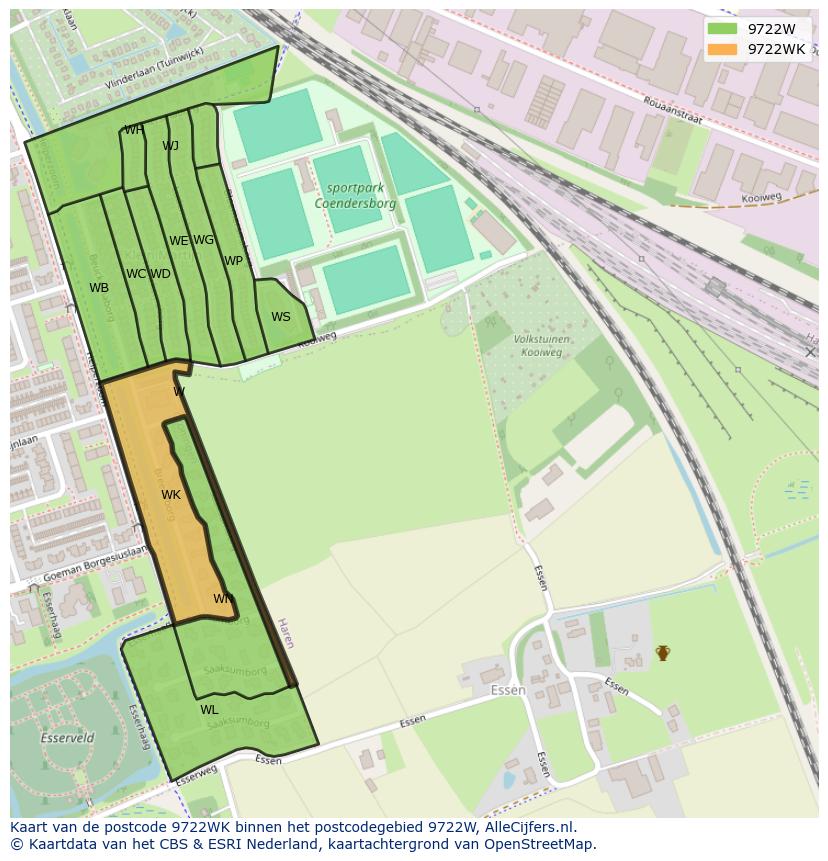 Afbeelding van het postcodegebied 9722 WK op de kaart.
