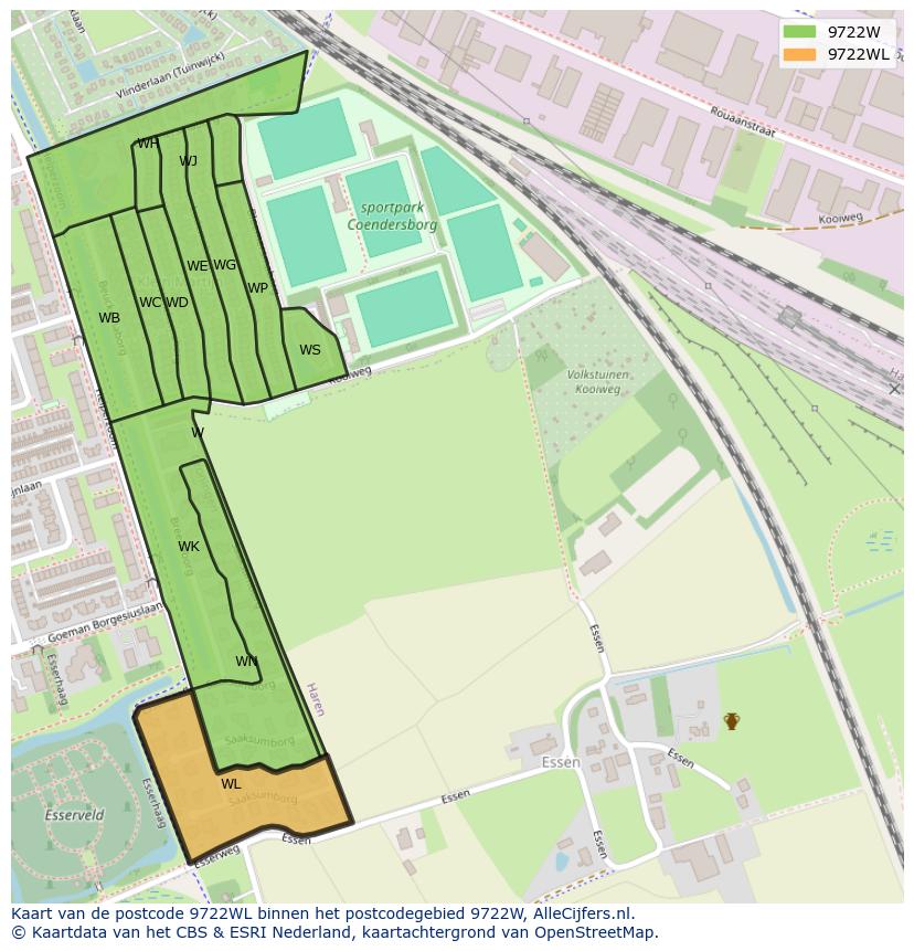 Afbeelding van het postcodegebied 9722 WL op de kaart.