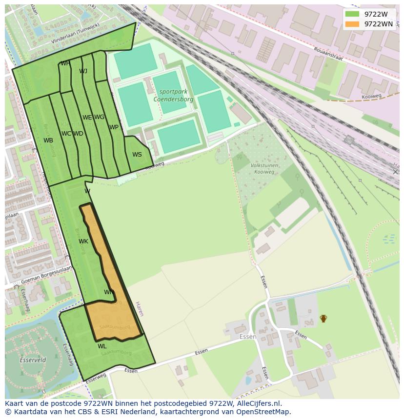 Afbeelding van het postcodegebied 9722 WN op de kaart.