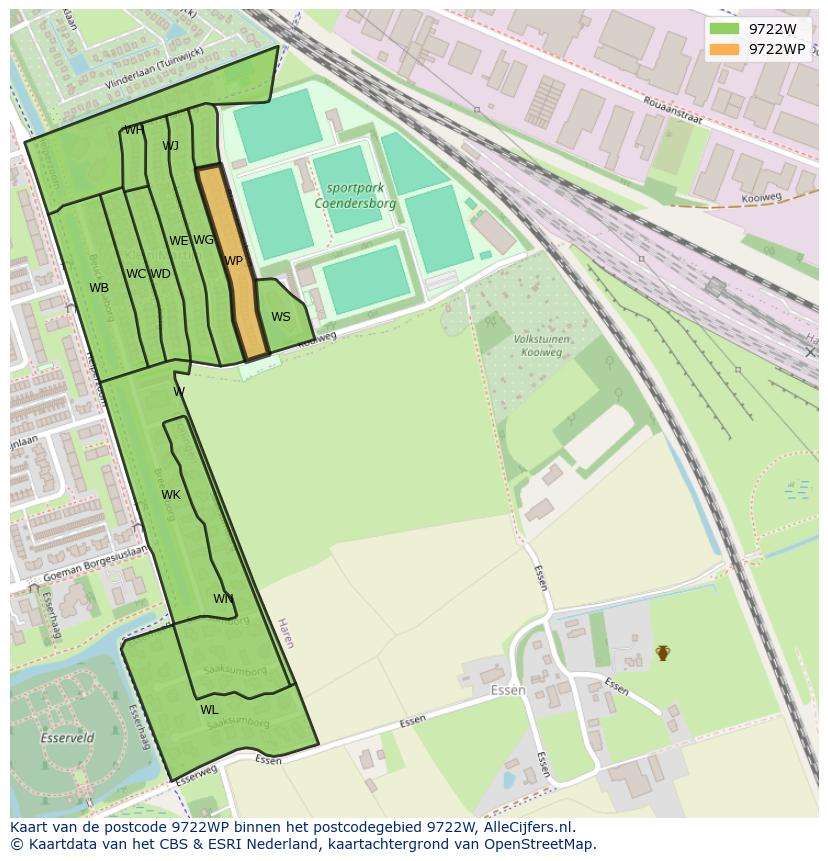 Afbeelding van het postcodegebied 9722 WP op de kaart.