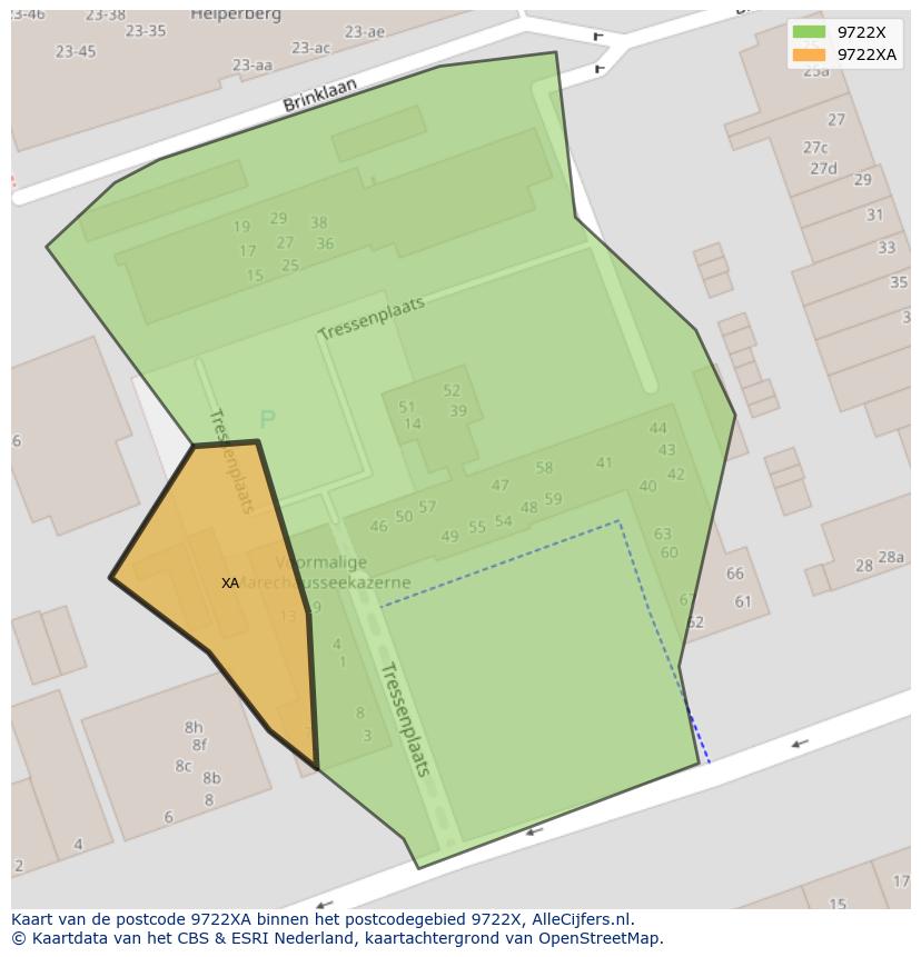 Afbeelding van het postcodegebied 9722 XA op de kaart.