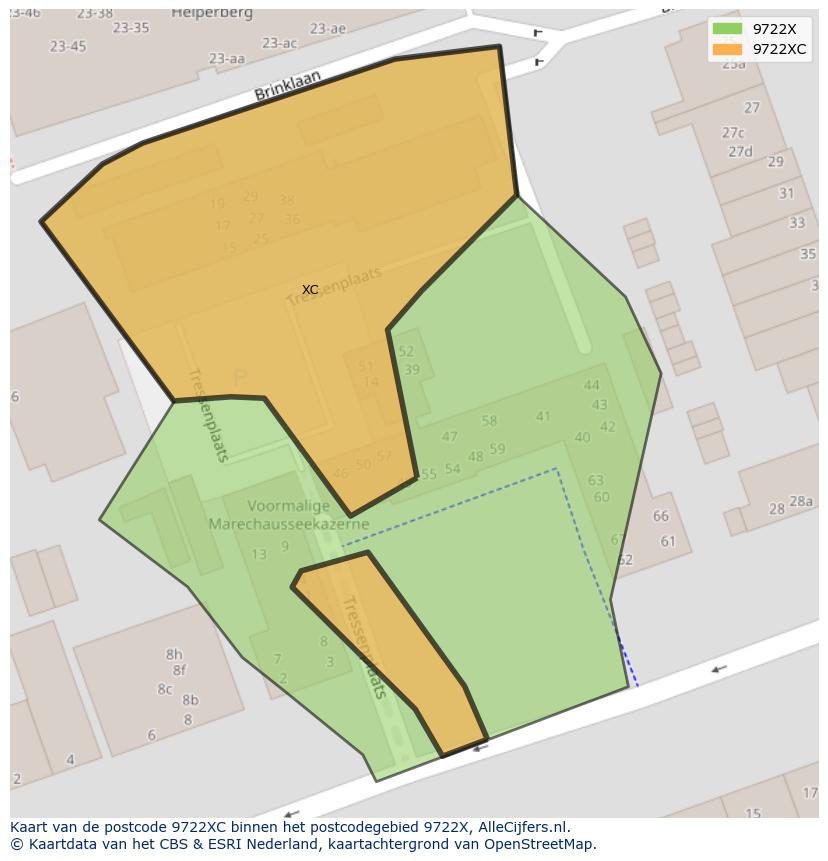 Afbeelding van het postcodegebied 9722 XC op de kaart.
