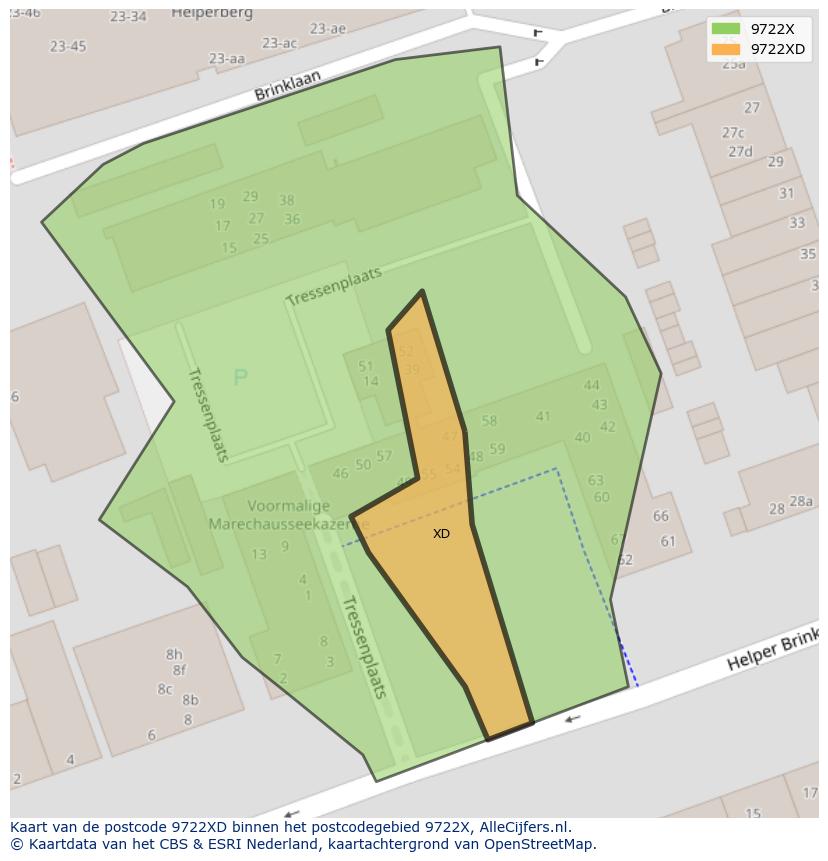 Afbeelding van het postcodegebied 9722 XD op de kaart.