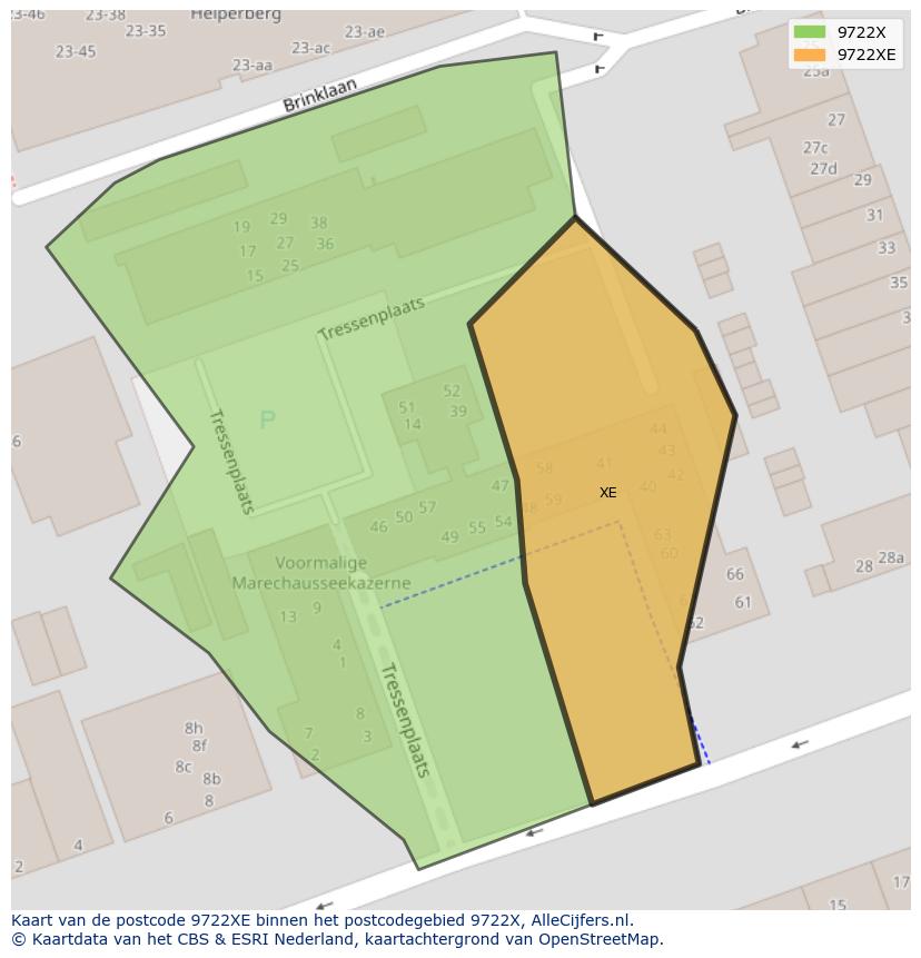 Afbeelding van het postcodegebied 9722 XE op de kaart.