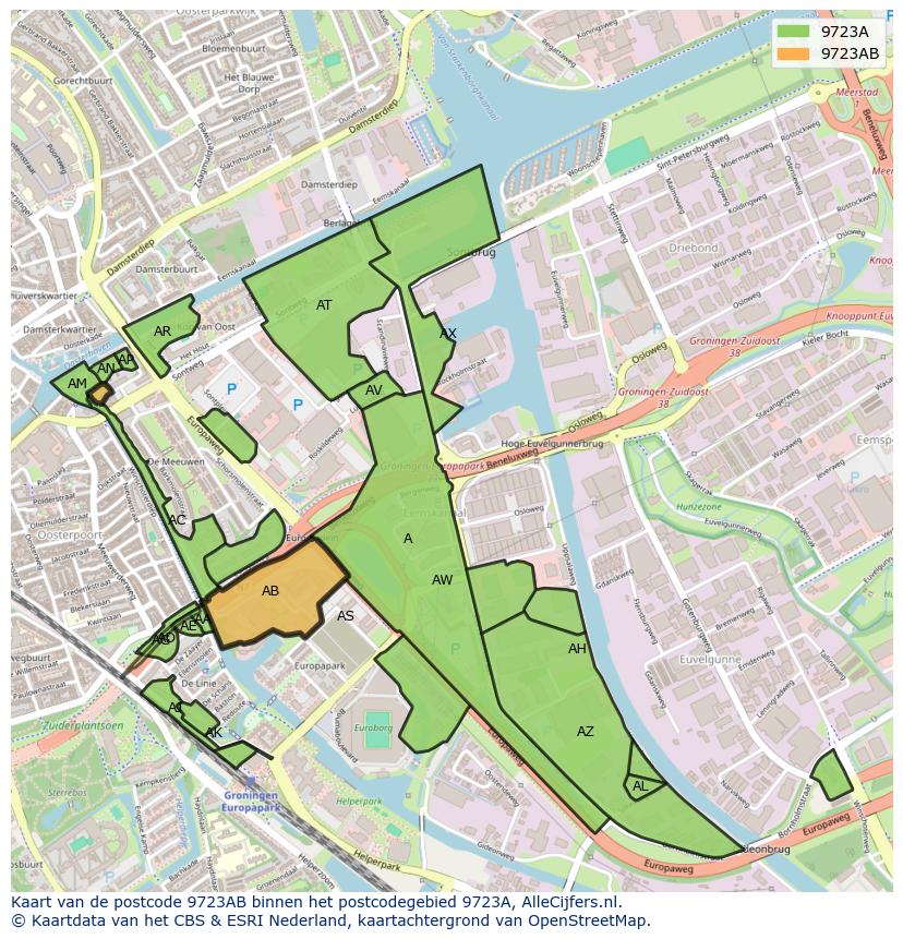 Afbeelding van het postcodegebied 9723 AB op de kaart.