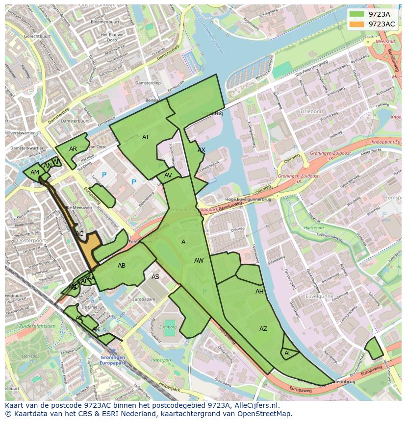 Afbeelding van het postcodegebied 9723 AC op de kaart.