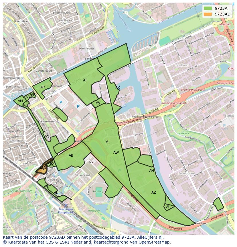Afbeelding van het postcodegebied 9723 AD op de kaart.