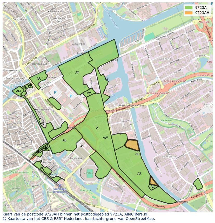 Afbeelding van het postcodegebied 9723 AH op de kaart.