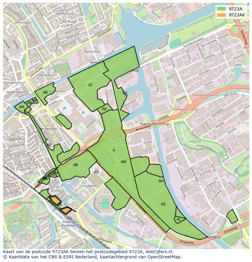 Afbeelding van het postcodegebied 9723 AK op de kaart.