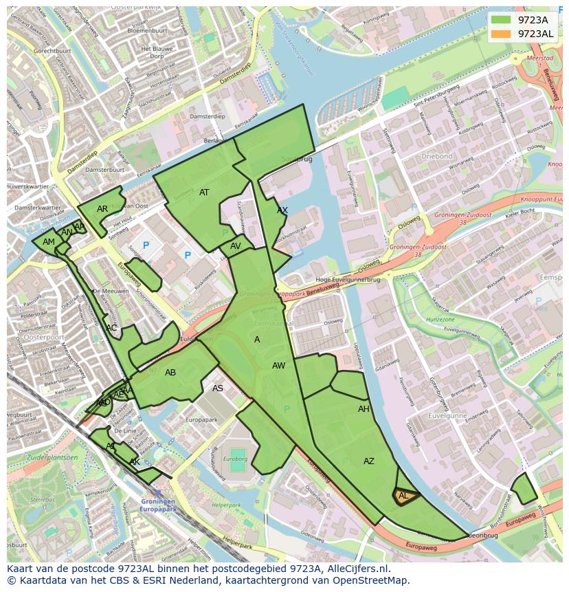 Afbeelding van het postcodegebied 9723 AL op de kaart.