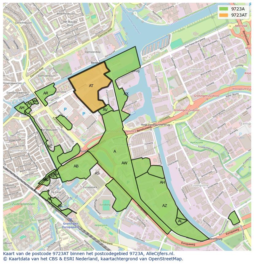 Afbeelding van het postcodegebied 9723 AT op de kaart.