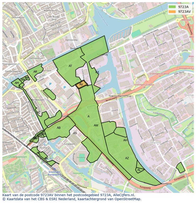 Afbeelding van het postcodegebied 9723 AV op de kaart.