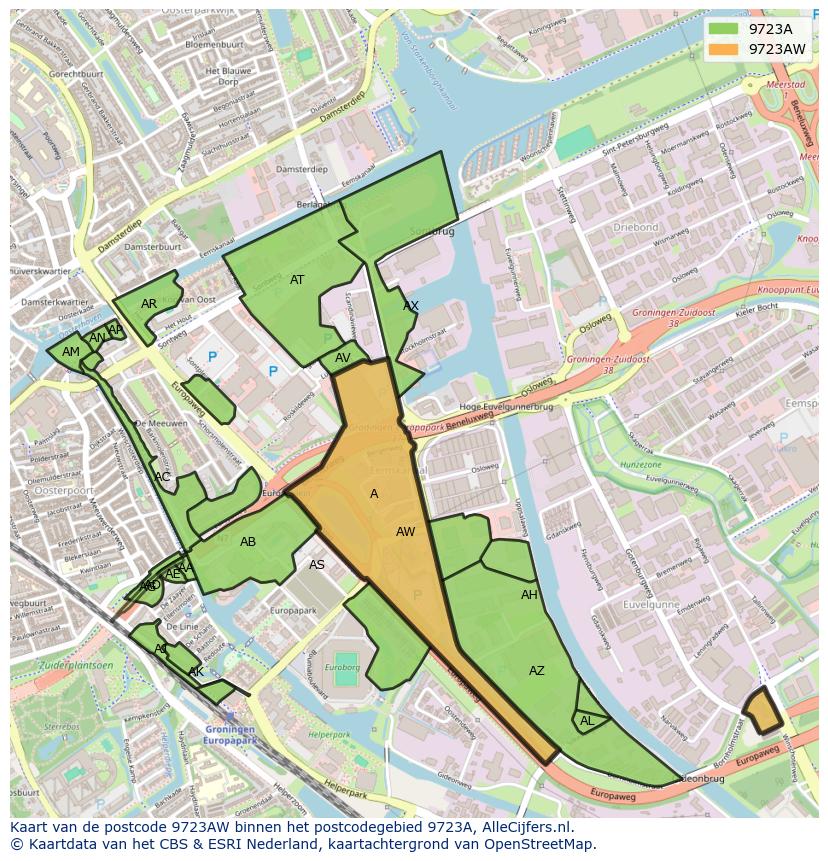 Afbeelding van het postcodegebied 9723 AW op de kaart.
